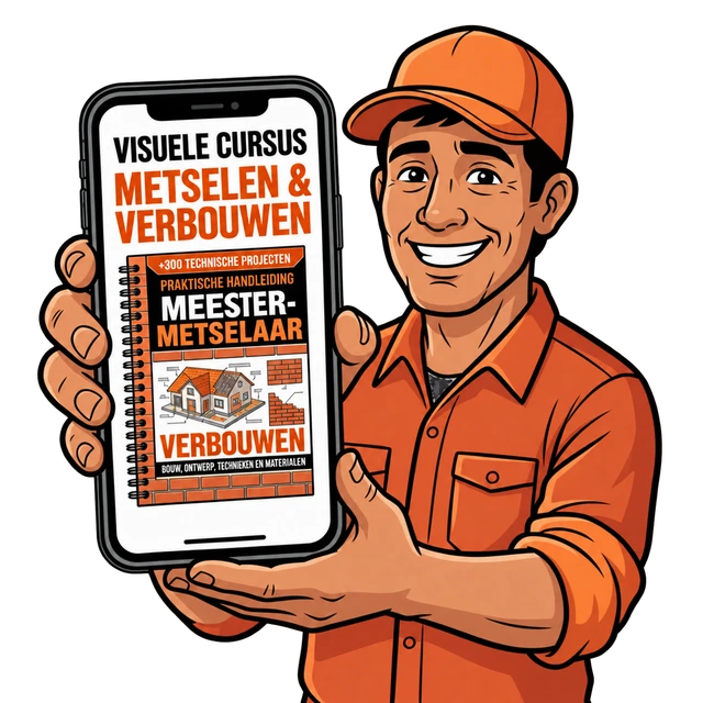 Lachende bouwvakker toont de cursus op zijn mobiel
